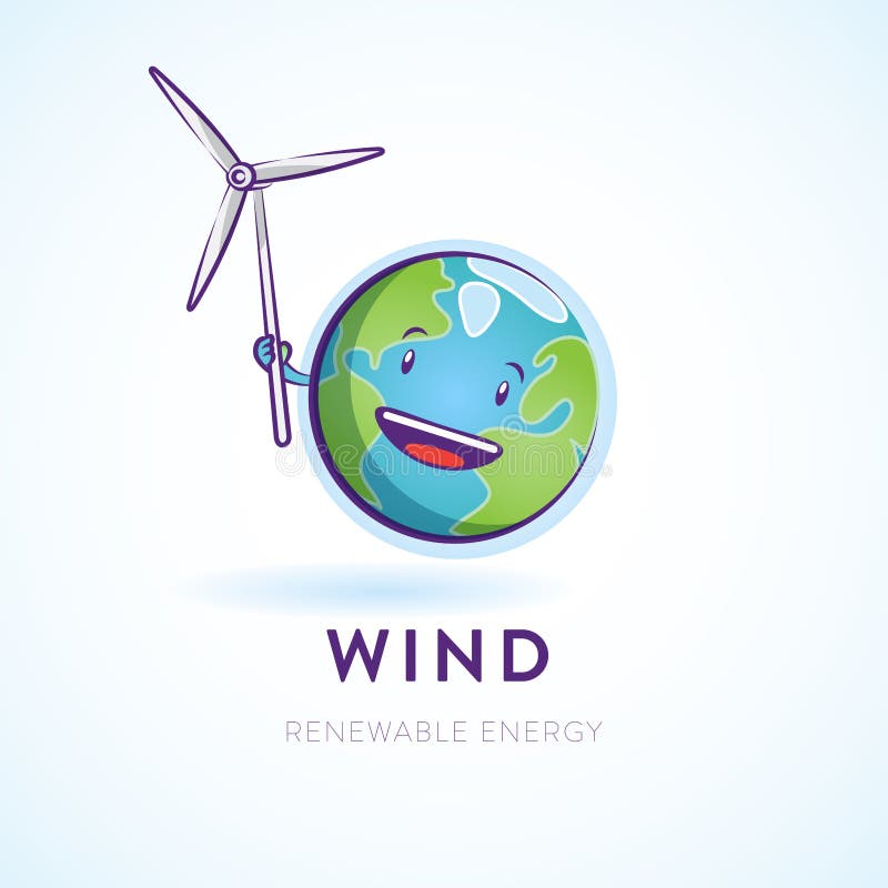 Illustration of a happy Earth character holding a wind turbine vector illustration
