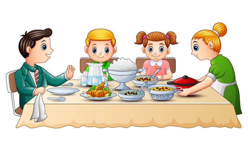 Illustration of Happy family eating dinner together on dining table