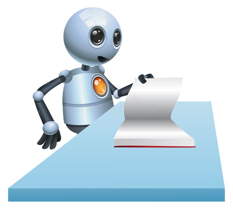 Little robot opening blank book stock illustration