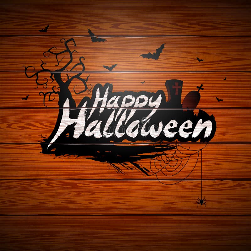 Illustration heureuse de vecteur de Halloween avec le lettrage de typographie et cimetière sur le fond en bois de vintage Concept illustration stock Illustration heureuse de vecteur de Halloween avec le lettrage de typographie et cimetière sur le fond en bois de vintage Concept illustration stock