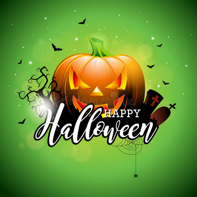 Illustration heureuse de vecteur de Halloween avec le potiron et cimetière sur le fond vert de ciel Conception de vacances avec d