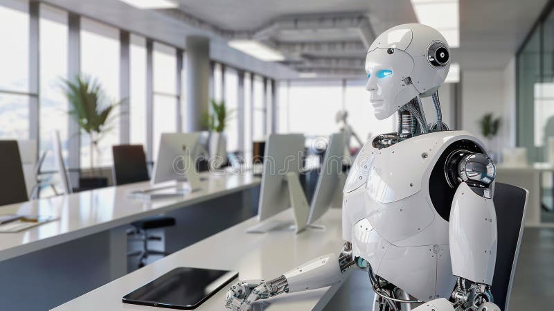 Illustration of a high tech android robot working in a futuristic office stock image