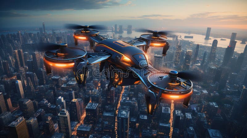 Illustration of a high tech drone is flying over a cityscape vector illustration