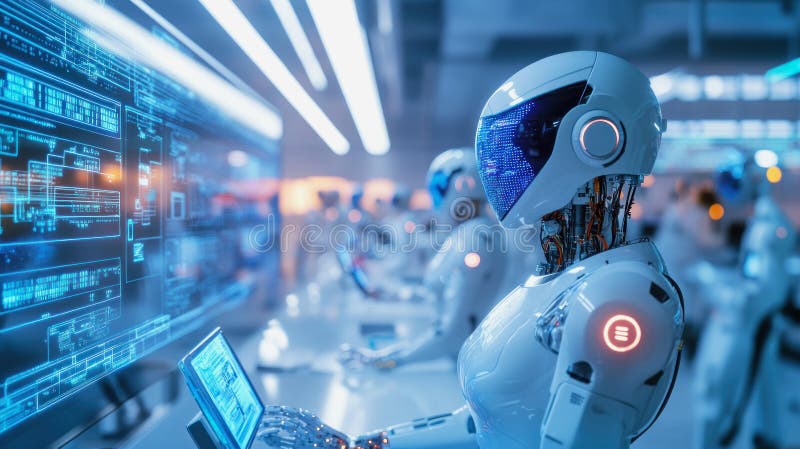 Illustration of high tech roboter working at digital developments royalty free stock image