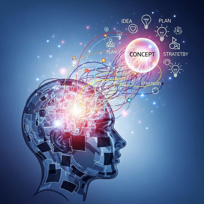 Illustration of a human head silhouette with a glowing brain vector illustration