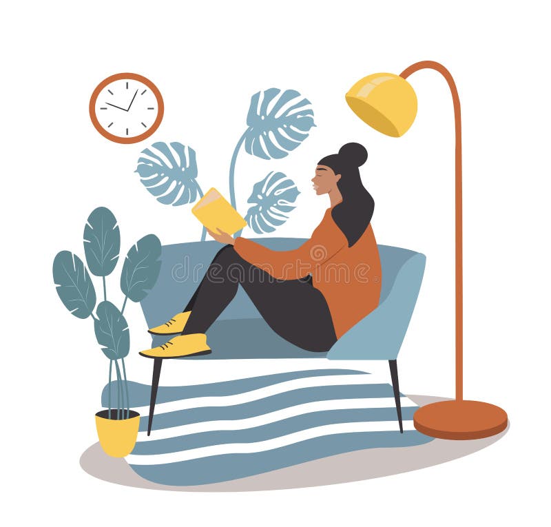 Illustration i en platt stil som en flicka ligger hemma på en soffa och läser en bok vektor illustrationer