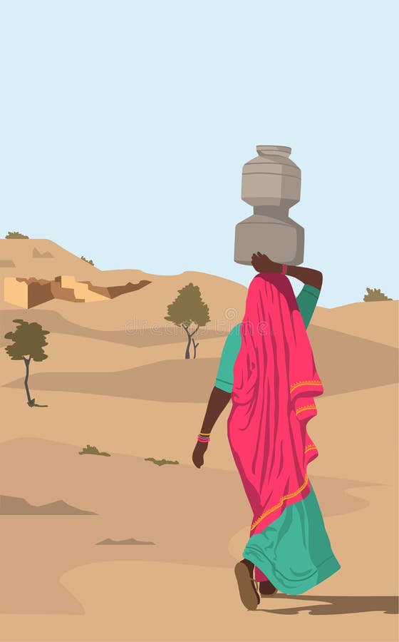 Vector illustration of Indian woman,walks with water pots on her head in a desert