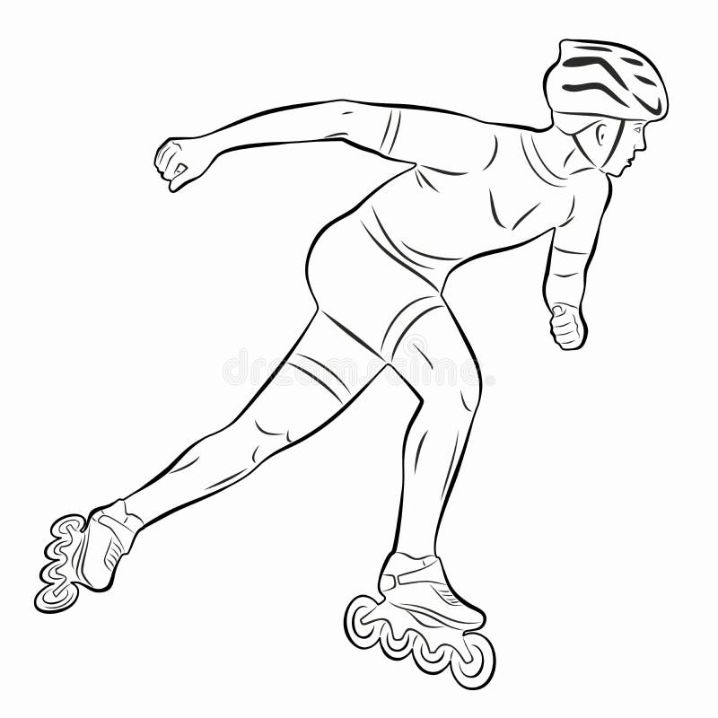 Retro cartoon style drawing of an athlete skater inline speed skating on  isolated background done in black and white Stock Photo - Alamy