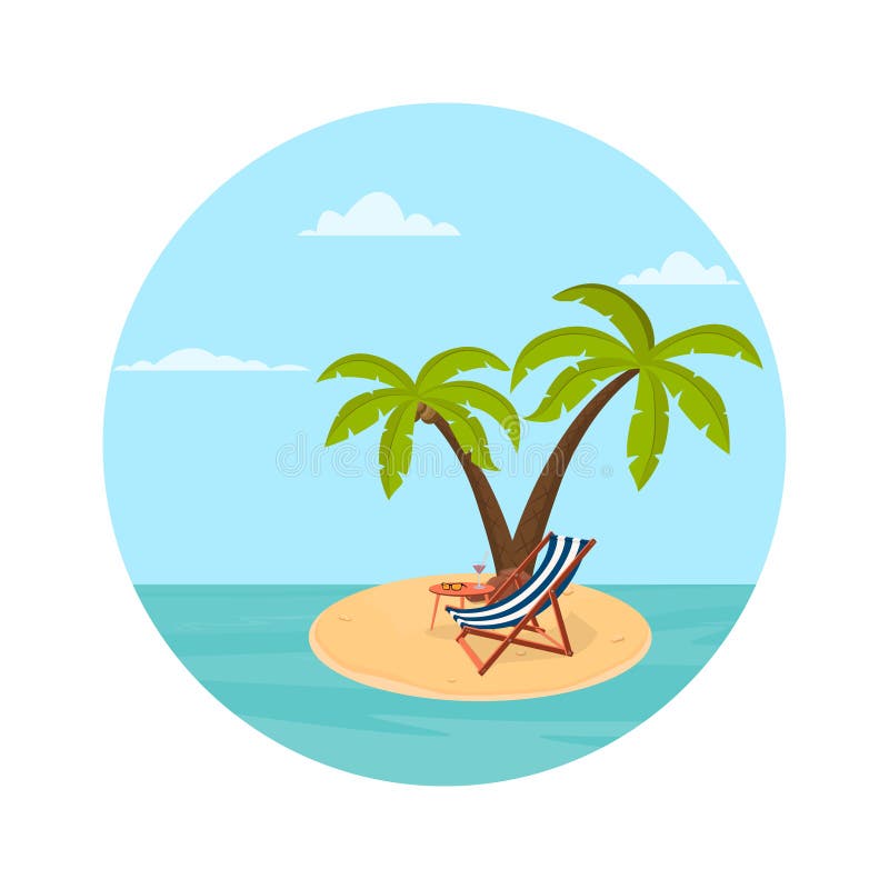 Illustration of an Island on it Palm Trees a Deck Chair and a Cocktail ...