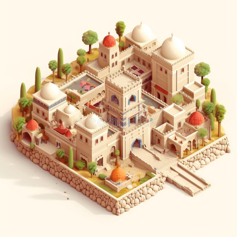 Illustration of an isometric view of a luxurious residence of ancient Middle Eastern and Persian architecture design. stock illustration