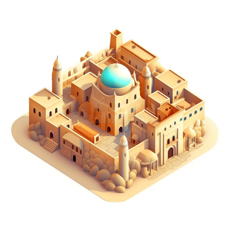 Illustration of an isometric view of a luxurious residence of ancient Middle Eastern and Persian architecture design. royalty free illustration