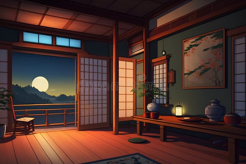 Illustration of a Japanese Room with a Large Window and a Full Moon ...