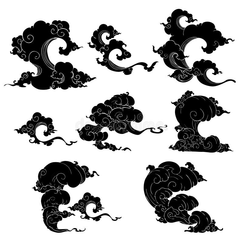 Illustration japanskt moln eller kinesiskt molnsamlingsuppsättning utan kontur vektor illustrationer