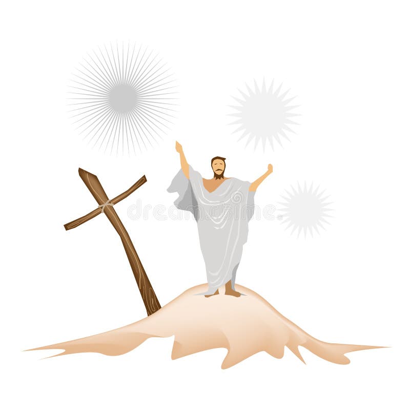 illustration jesus christ standing wooden cross praying people mountain 29997805