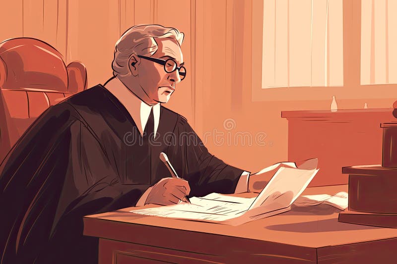 Illustration of a Judge in a Black Robe at a Court Session Taking Notes