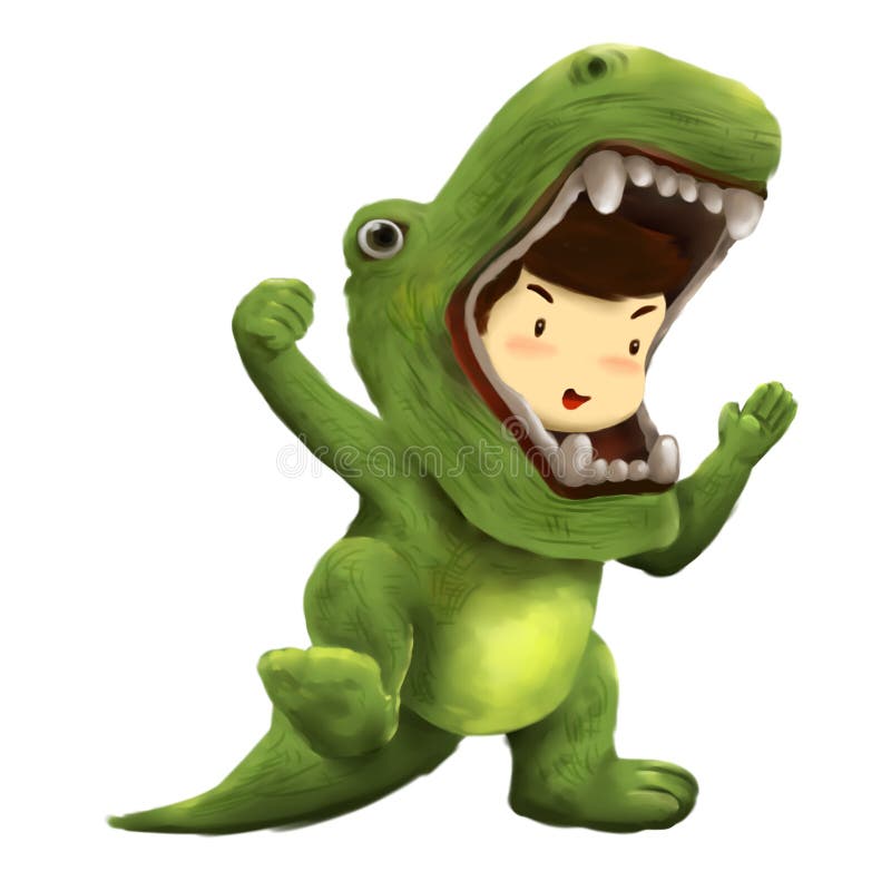 Dino boy, kid dresses in dinosaur costume dancing with joy
