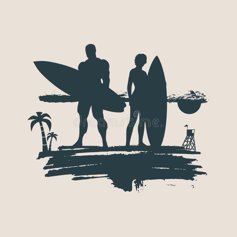 Illustration of lady and man posing with surfboard