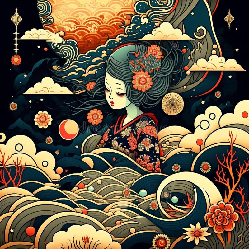 Illustration of a Lady in Traditional Japanese Kimono in an Intricate ...