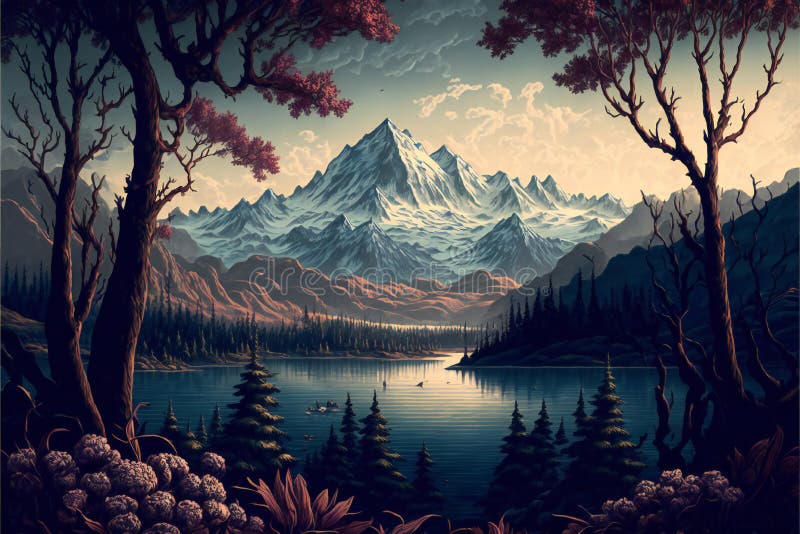 Landscape of Lake Trees and Mountains, Digital Illustration Painting ...