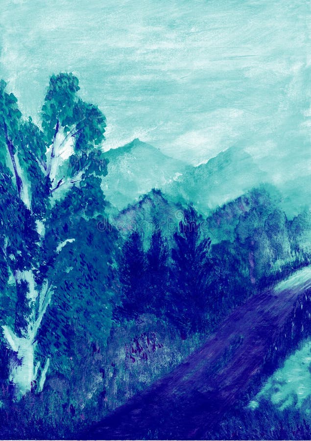 Illustration of landscape road through the forest receding into the distance mountains