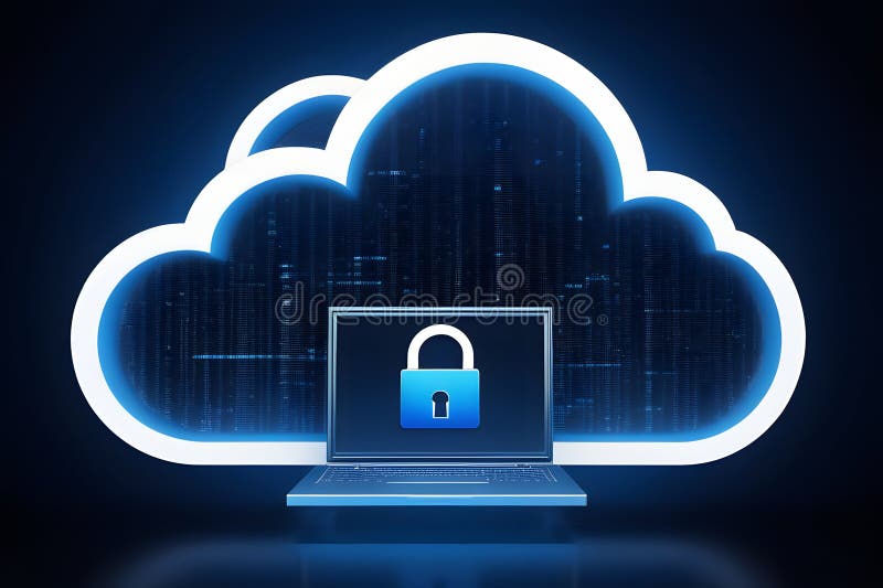 Laptop with a padlock icon on the screen and a cloud of binary code in the background. An illustration of a laptop displaying a padlock icon, with a cloud of binary code in the background, representing the concept of cloud computing security and data protection, Generative AI.