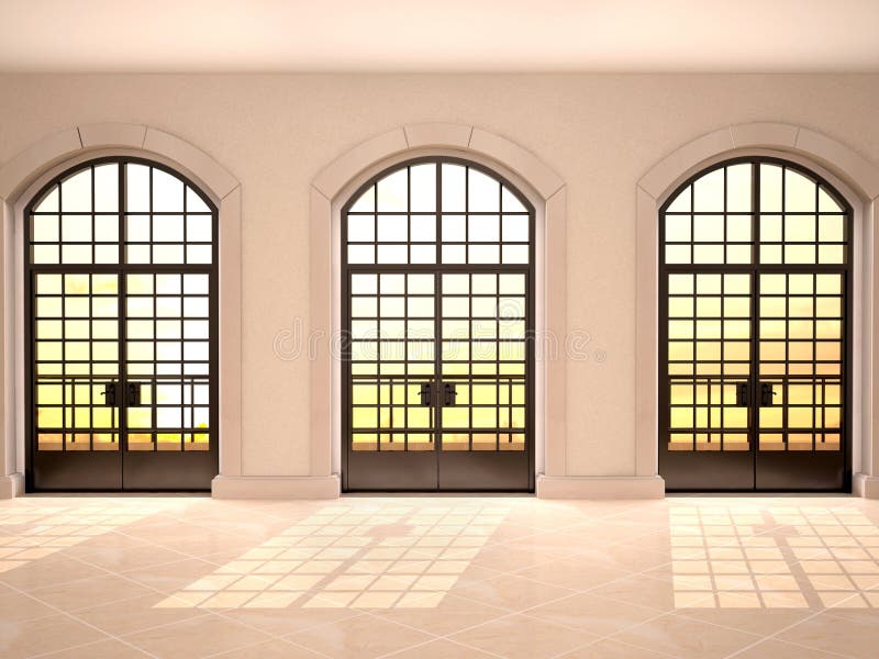 Illustration of Large arched window view of the sunset stock illustration