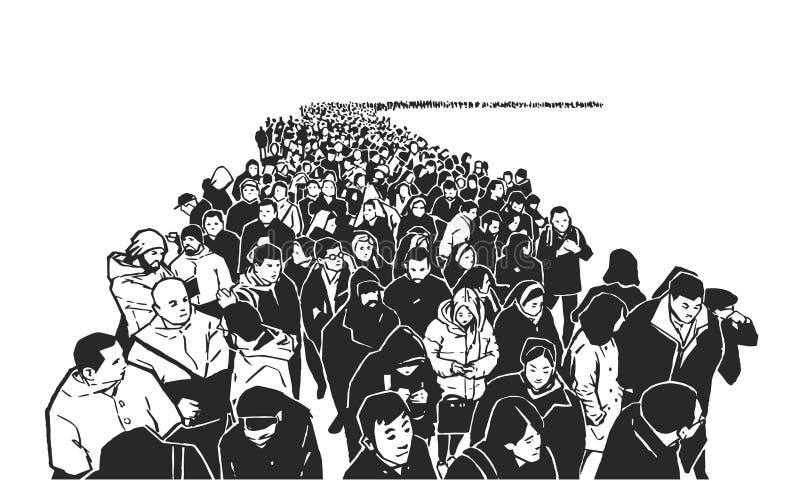Illustration of Large Crowd of People Standing in Line in Black and
