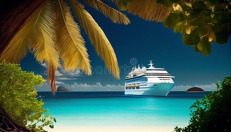 Illustration of a large cruise ship in an exotic destination vector illustration