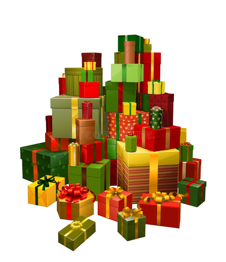 Illustration of a large pile of gifts in green, red and gold. Pile boxes vectors