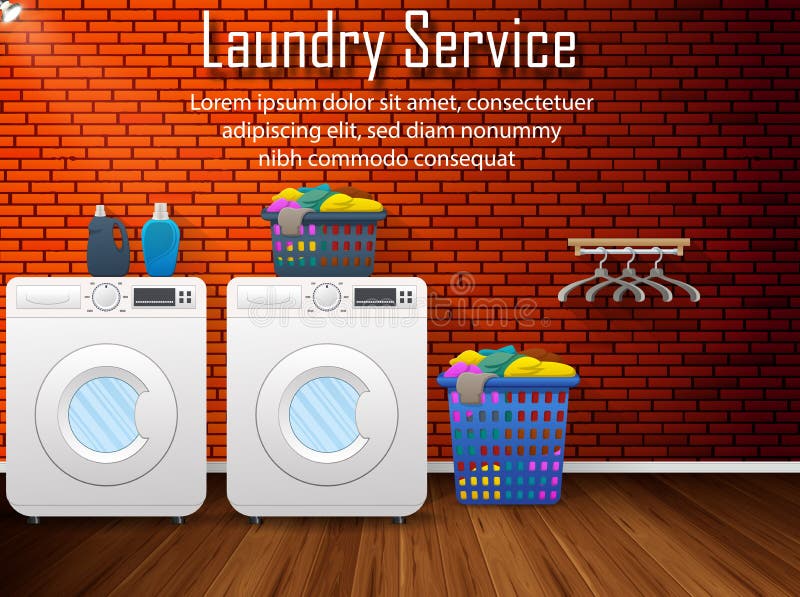 Illustration of Laundry service design with washing machines and clothes basket on brick wall background