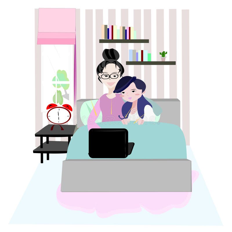 Illustration lesbian couple lying on the bed and using a laptop. Two woman streaming movie on computer in bed. Same-sex marriage r