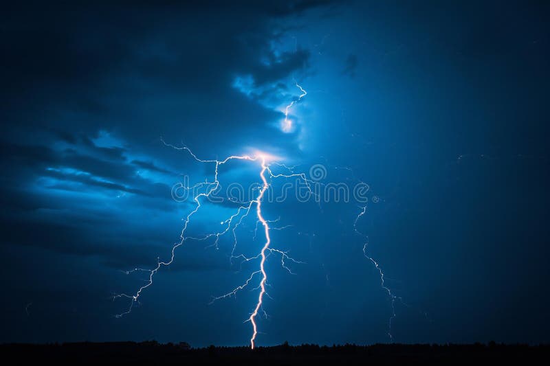 Lightning and thunder in the sky, dark blue background, closeup, lightning flash, lightning bolt, lightning light effect, hig royalty free illustration