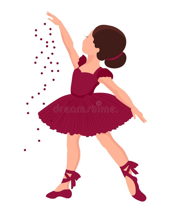 Illustration, a little ballerina in a burgundy dress and pointe shoes with ribbons. Girl dancing. Print, clip-art stock illustration