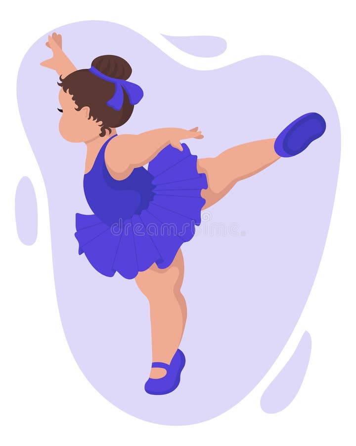 Illustration, little plump girl ballerina in a blue dress and pointe shoes. Girl dancing. Print, clip art vector illustration