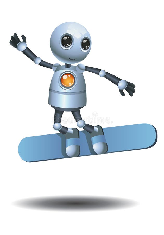 Little robot surfing on isolated white background