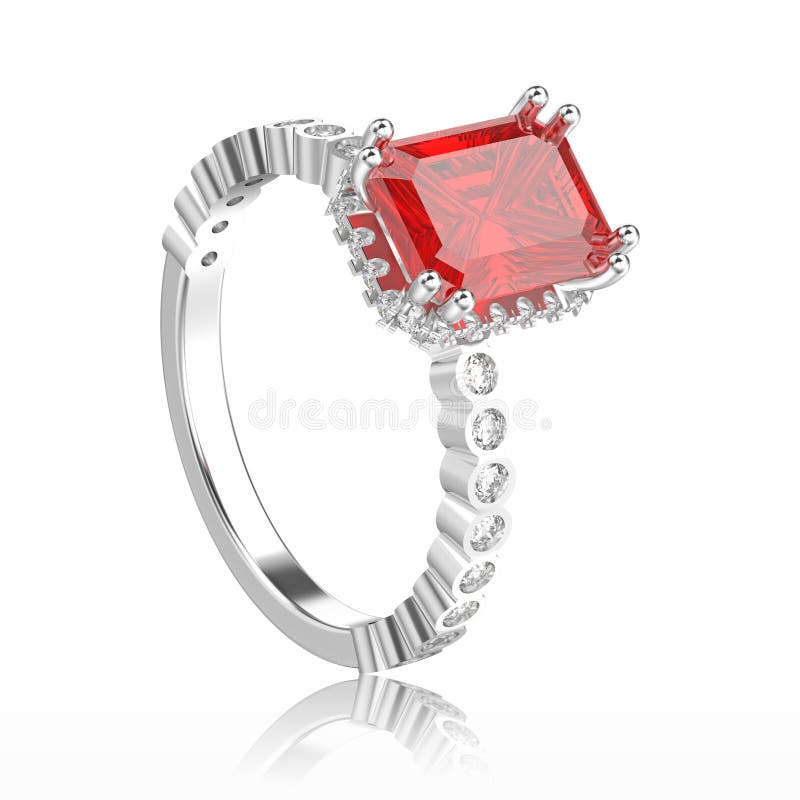 3D illustration isolated white gold or silver diamonds decorative ring with red ruby with reflection on a white background. 3D illustration isolated white gold or silver diamonds decorative ring with red ruby with reflection on a white background