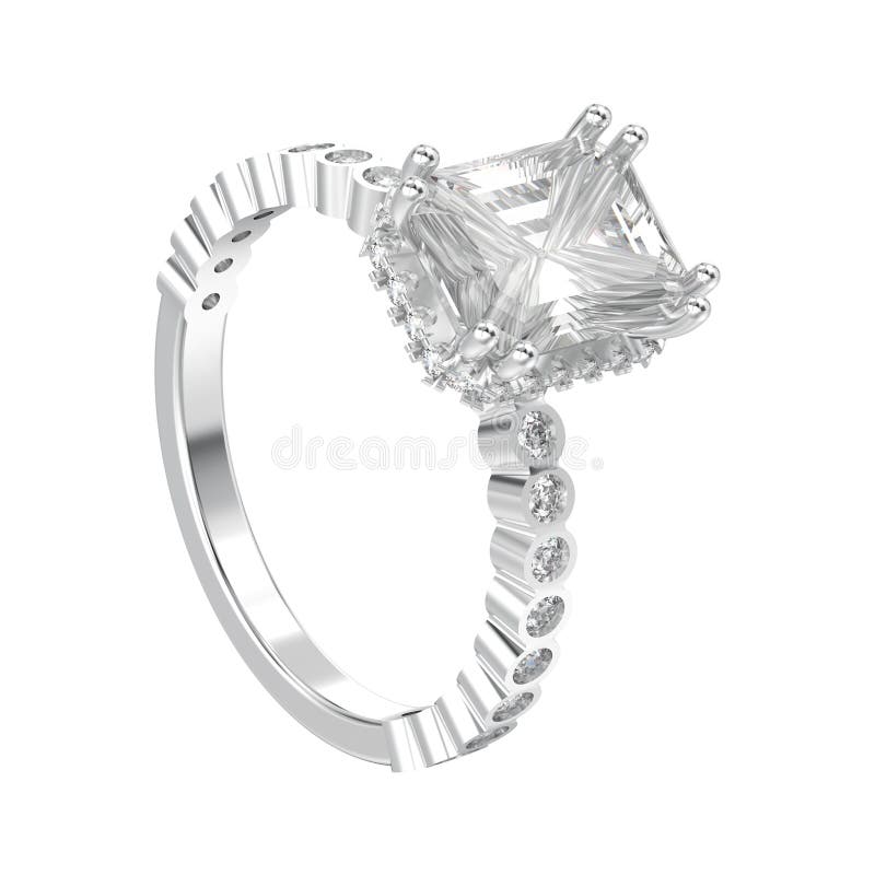 3D illustration isolated white gold or silver diamonds decorative ring on a white background. 3D illustration isolated white gold or silver diamonds decorative ring on a white background