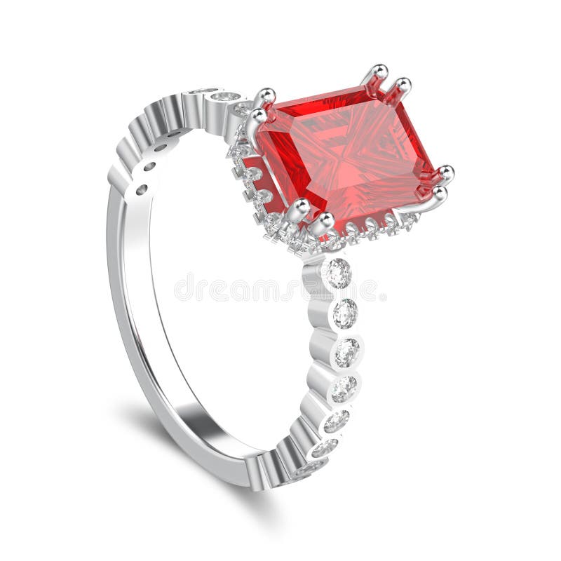 3D illustration isolated white gold or silver diamonds decorative ring with red ruby with shadow on a white background. 3D illustration isolated white gold or silver diamonds decorative ring with red ruby with shadow on a white background