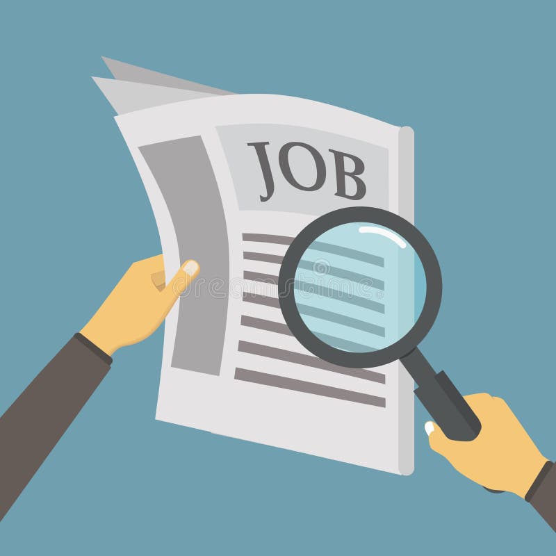 Illustration of looking for job vacancies, with a person hand holding a newspaper and holding a magnifying glass or loops, flat. Illustration of looking for job