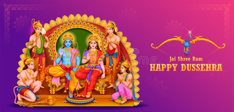 Lord Ram, Sita, Laxmana, Hanuman, Bharat and Shatrughna in Ram Darbar for  Dussehra Navratri Festival of India Poster Stock Image - Image of hindu,  history: 198362015