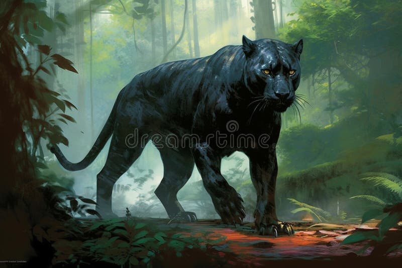 Illustration of Malaysian Black Panther in the Jungle Generative Ai