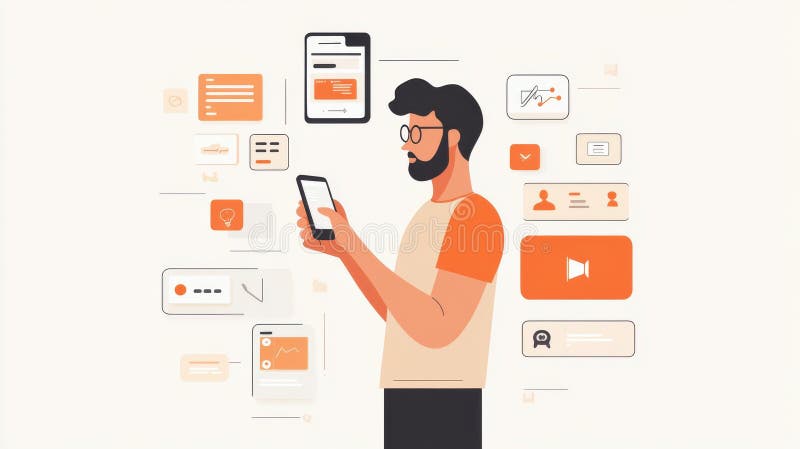 Ilustrarea unui om care utilizează smartphone înconjurat de pictograme pentru aplicații mobile și interfețe digitale pentru comuni royalty free illustration