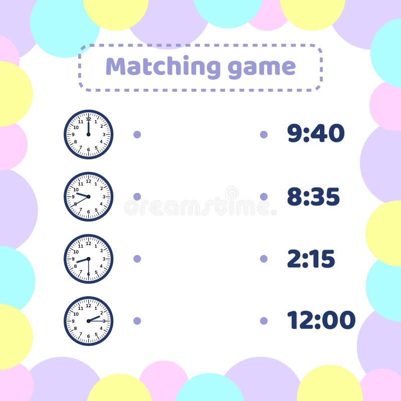 Matching game for kids preschool and school age. What time is it round watch. stock illustration Matching game for kids preschool and school age. What time is it round watch. stock illustration