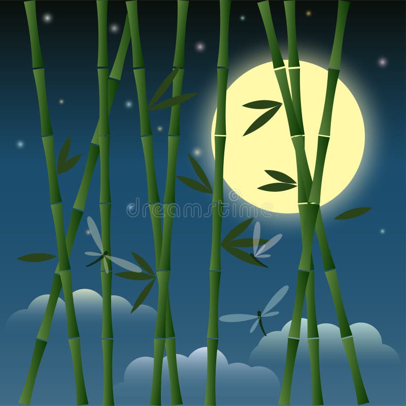 Illustration med bambu och sländor på bakgrunden för natthimmel med månen, stjärnor och moln för bruk i design vektor illustrationer Illustration med bambu och sländor på bakgrunden för natthimmel med månen, stjärnor och moln för bruk i design vektor illustrationer