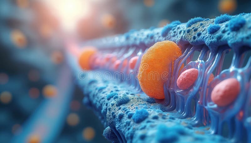 Illustration of membrane transport processes in biology. It shows diffusion osmosis active transport within a cell. Biological processes model details, cell membrane structure. Membrane diffusion stock images, royalty-free photos and pictures