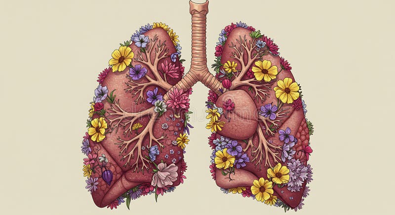 Illustration menschlicher Lungen, kompliziert kombiniert mit verschiedenen bunten Blumen. lizenzfreie abbildung