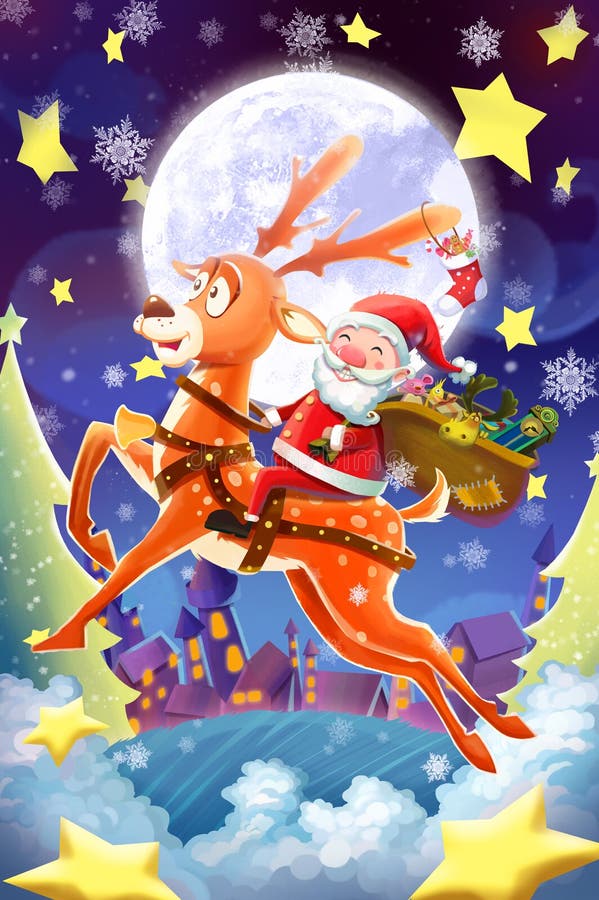 Illustration: Merry Christmas and Happy New Year! The Happy Santa Claus and his Deer Set Off To Send You Gifts!