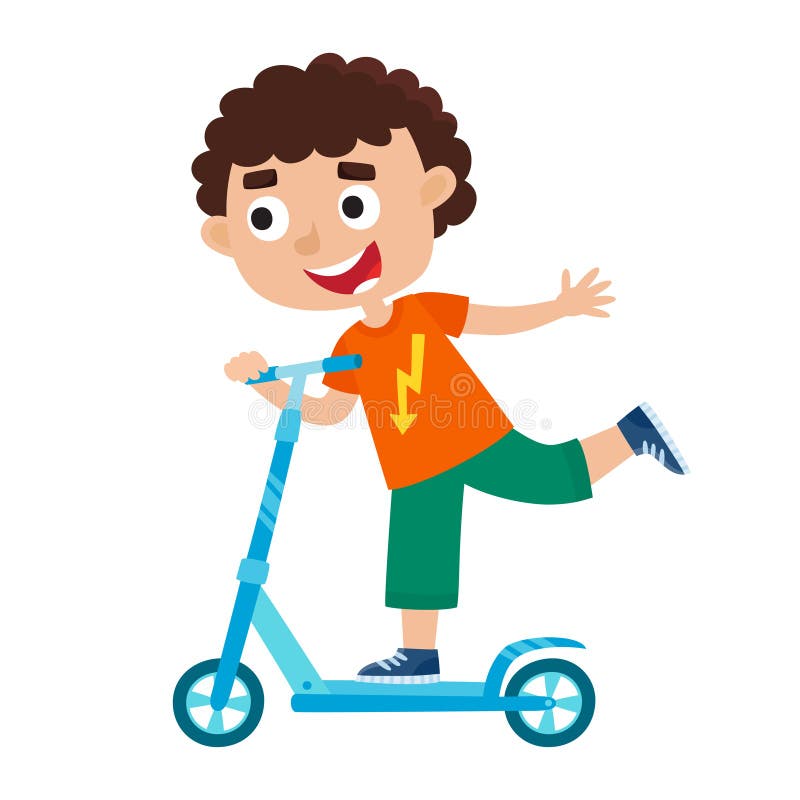 Illustration mignonne de vecteur de garçon sur le scooter ayant l'amusement dehors