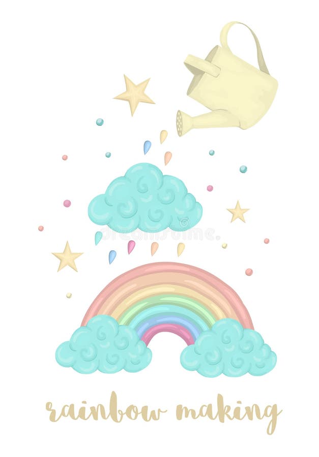 Illustration mignonne de vecteur de procédé de fabrication d'arc-en-ciel de style d'aquarelle avec le nuage, boîte d'arrosage, ét illustration de vecteur Illustration mignonne de vecteur de procédé de fabrication d'arc-en-ciel de style d'aquarelle avec le nuage, boîte d'arrosage, ét illustration de vecteur