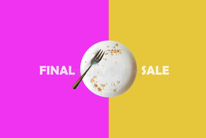 Illustration in the minimalist style of the finish sale. An empty plate with the remains of food means that the goods.